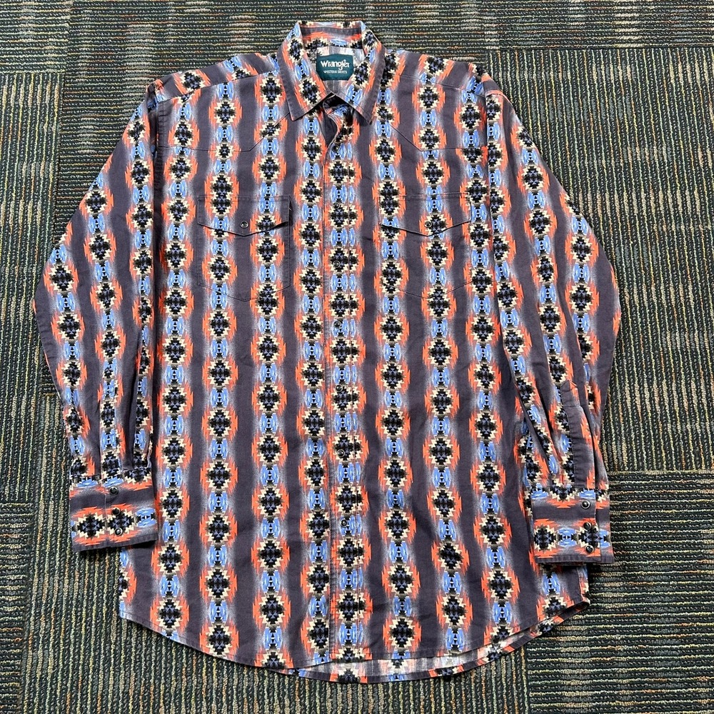 Vintage Wrangler Western Shirt Large Tall LT Blue Aztec Southwestern Pearl‎ Snap